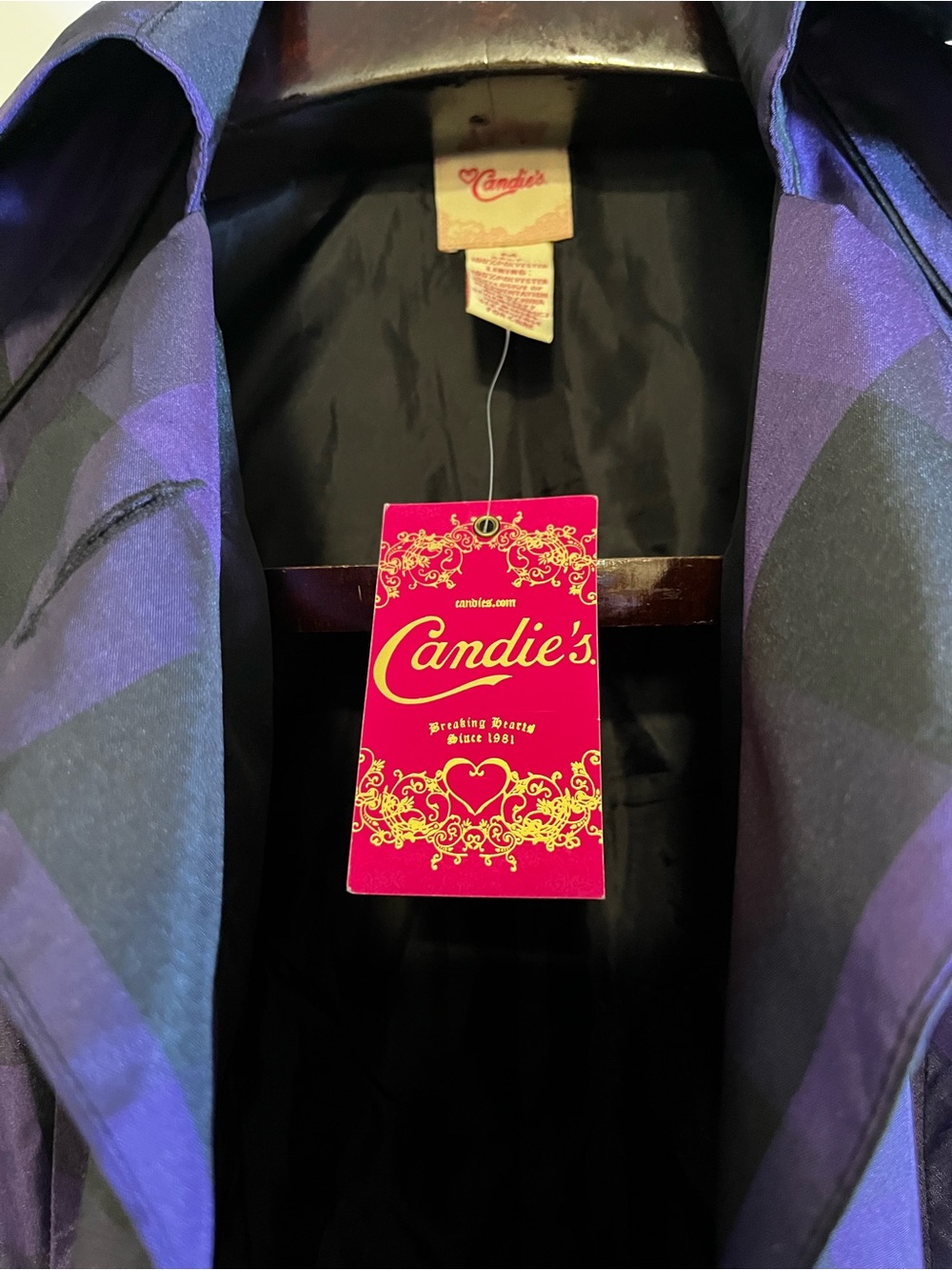 Candie’s Purple & Black Plaid Belted Trench Coat Jacket Women’s Medium NWT - Picture 7 of 7